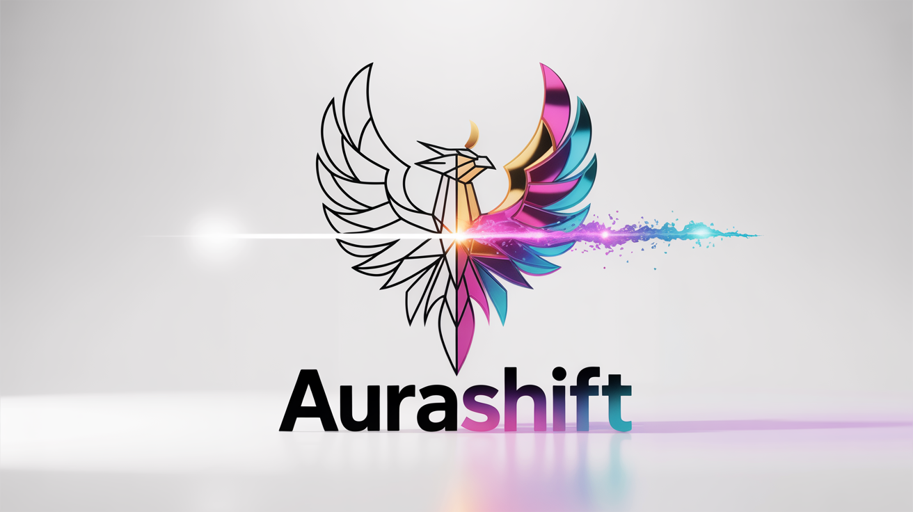 A conceptual image illustrating a logo being modified. A geometric phoenix logo on a white background is shown in transformation: the left side is a simple black design, while the right side is a vibrant, colorful, modern version. The fictional brand name 'AuraShift' below the logo also transitions from a plain to a stylized font.