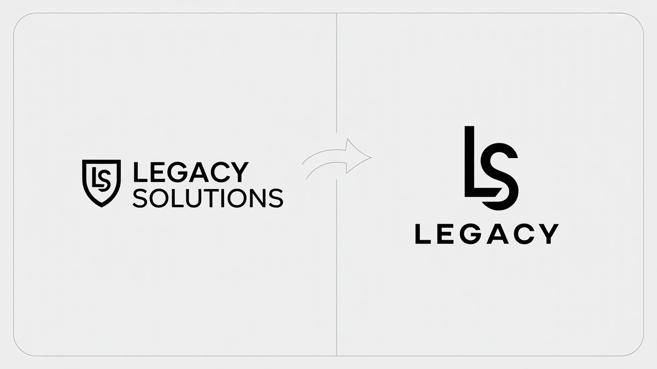 A visual showing a logo being modified. An old, complex 'Legacy Solutions' logo is on the left, and a new, modern, simplified 'Legacy' logo is on the right, with an arrow indicating the successful redesign.