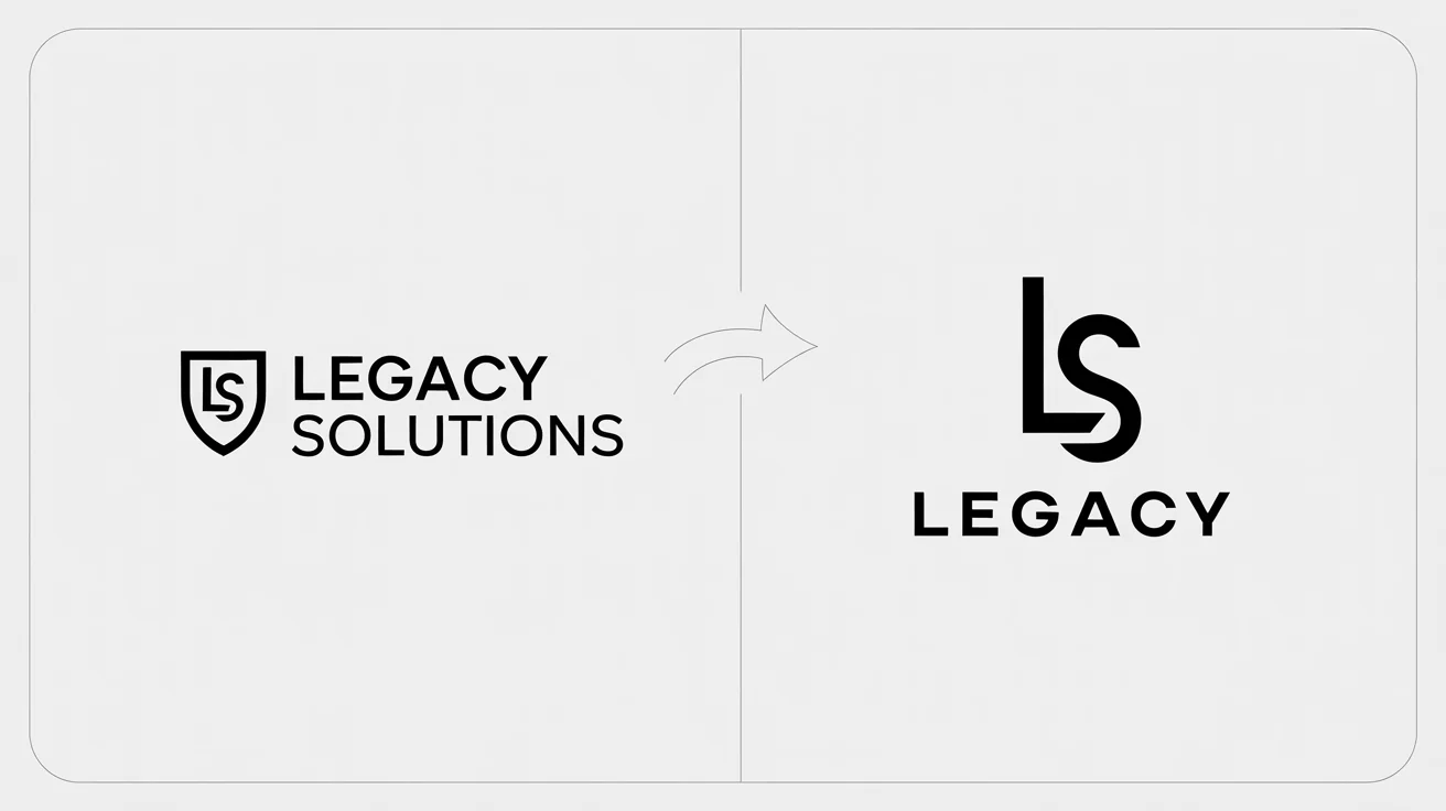 A visual showing a logo being modified. An old, complex 'Legacy Solutions' logo is on the left, and a new, modern, simplified 'Legacy' logo is on the right, with an arrow indicating the successful redesign.