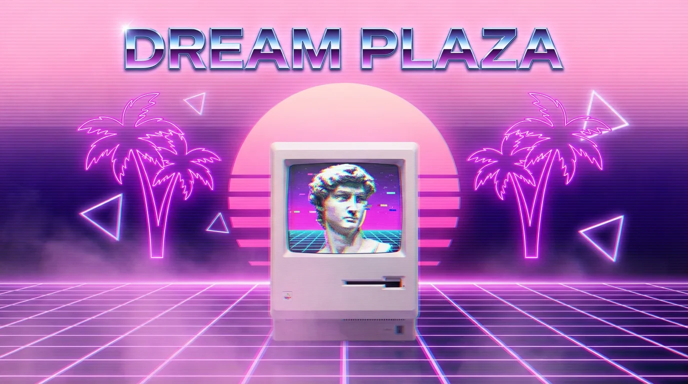 A finished vaporwave album cover featuring a retro computer displaying a pixelated statue in a surreal landscape with a pink and purple sky, neon palm trees, and the title 'DREAM PLAZA'.
