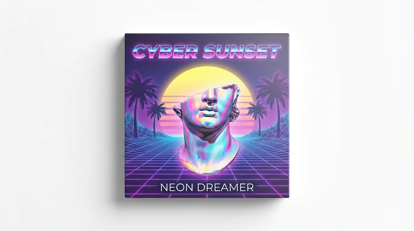 A mockup of a vaporwave album cover titled 'CYBER SUNSET' by 'NEON DREAMER', featuring a chrome Roman statue against a neon grid sunset with palm trees.