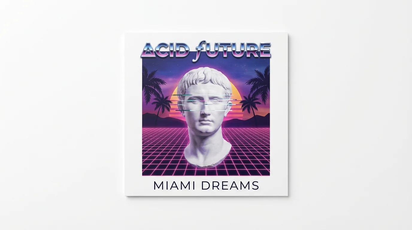 A mockup of a vaporwave album cover titled 'Miami Dreams' by 'ΔCID ƒUTURE', featuring a Roman bust against a neon grid and sunset backdrop, all set against a clean white background.