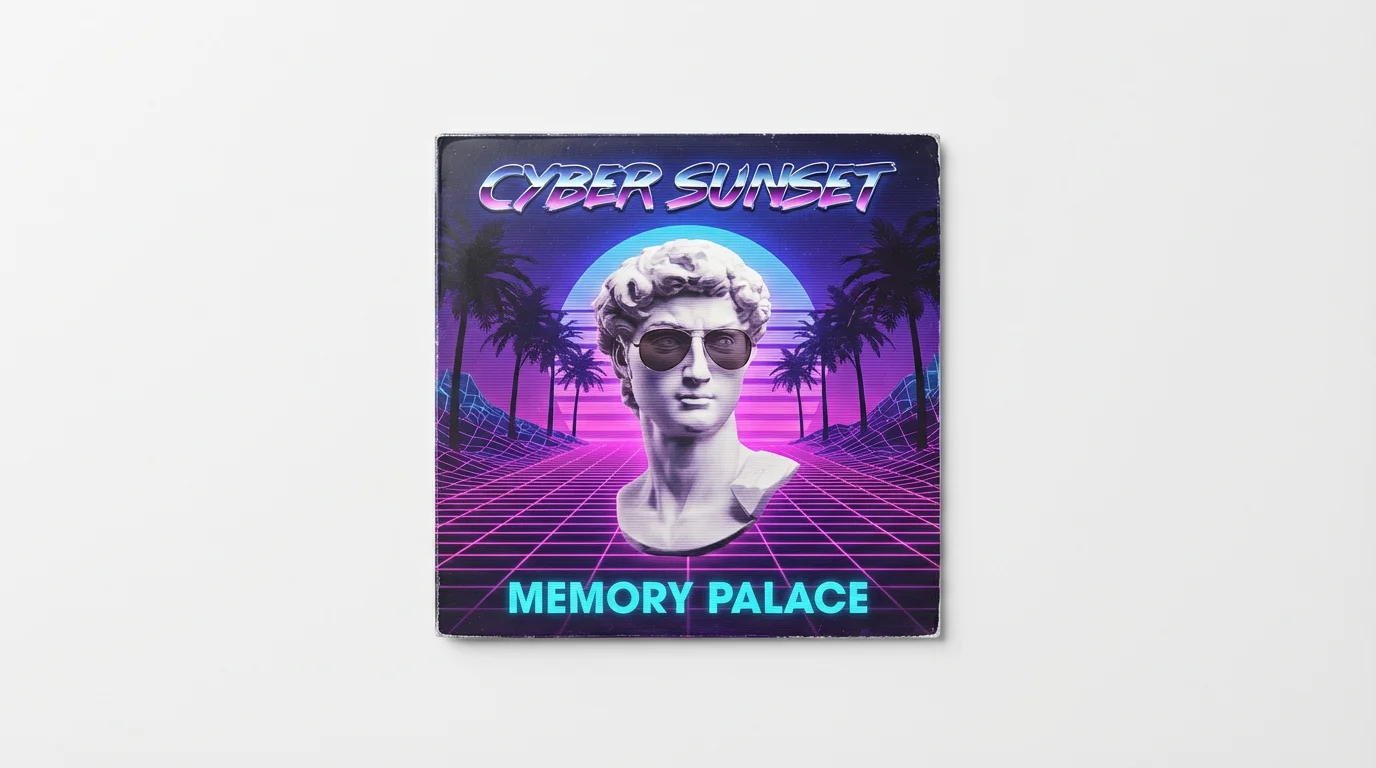 A mockup of a square vaporwave album cover featuring a Roman bust against a neon grid sunset. The artist name 'Cyber Sunset' and album title 'Memory Palace' are on the cover. The image is on a plain white background.
