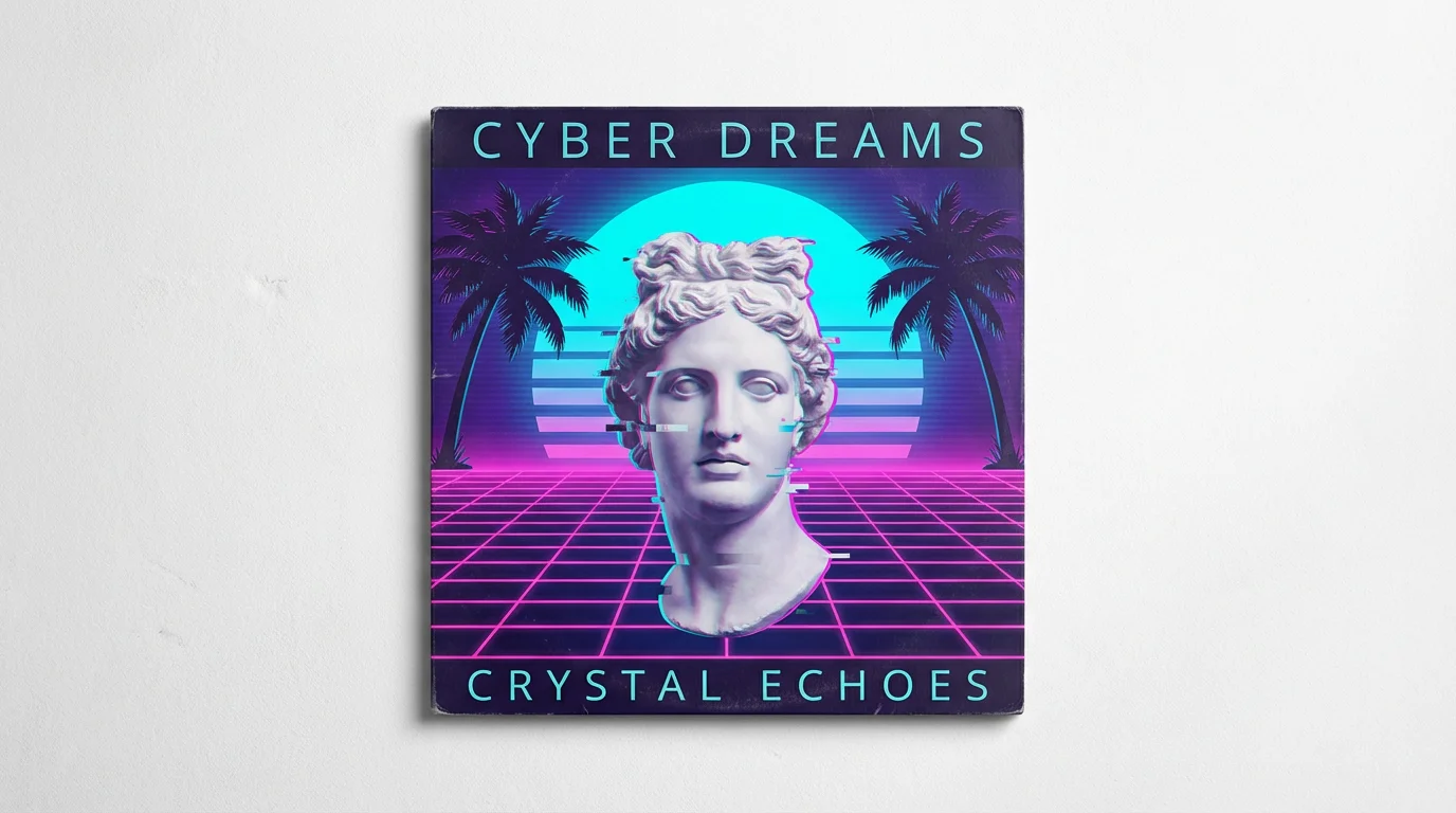 A mockup of a square vaporwave album cover titled 'CRYSTAL ECHOES' by 'CYBER DREAMS'. The artwork features a classical bust, a neon grid landscape, and silhouetted palm trees against a vibrant sunset, all on a white background.
