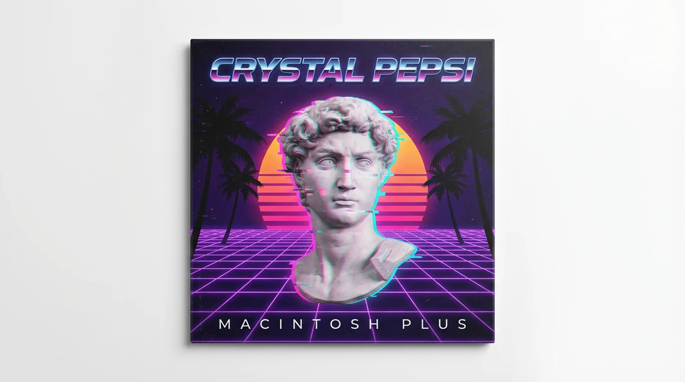 A square album cover mockup in the vaporwave style, featuring a Roman statue, a neon grid floor, and a digital sunset, isolated on a white background.