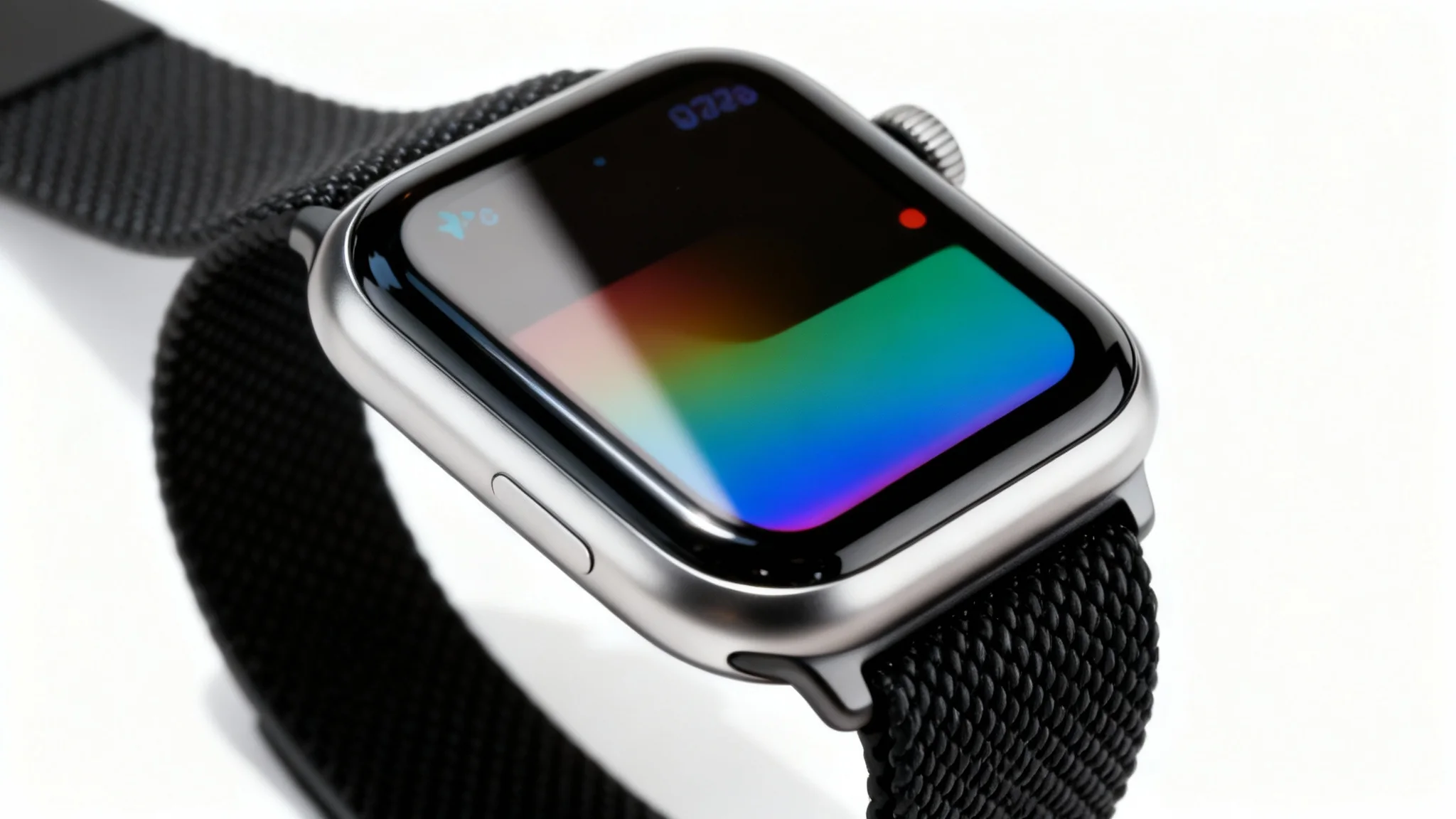 A professionally retouched hero image of a sleek, modern smartwatch with a metallic case and black band, displayed against a clean white background, showcasing its vibrant screen and polished details.