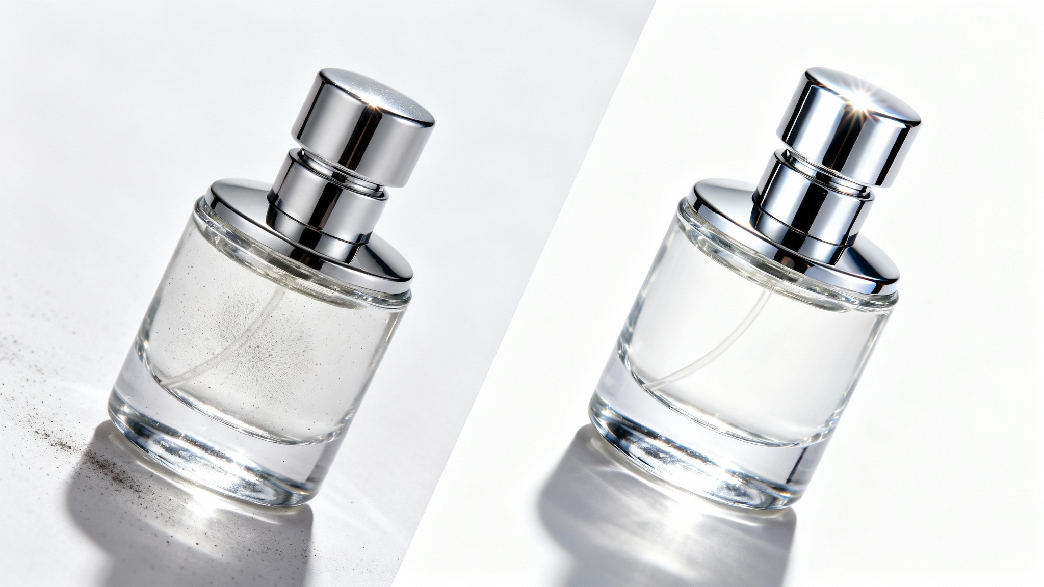 A split-screen image showing a perfume bottle before and after product retouching. The 'before' side shows the bottle with dust and fingerprints, while the 'after' side shows the same bottle looking pristine, glossy, and professionally lit against a clean white background.