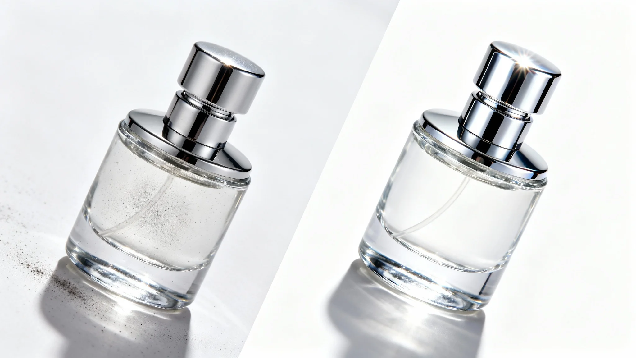 A split-screen image showing a perfume bottle before and after product retouching. The 'before' side shows the bottle with dust and fingerprints, while the 'after' side shows the same bottle looking pristine, glossy, and professionally lit against a clean white background.