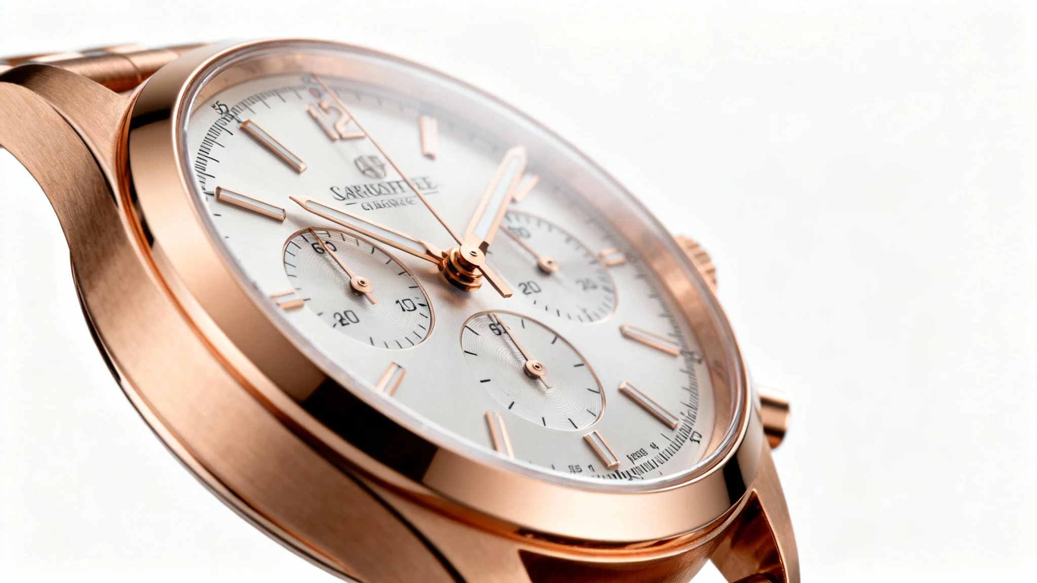 A hyper-realistic studio photograph of a flawless luxury watch against a stark white background, showcasing the effects of professional product retouching.