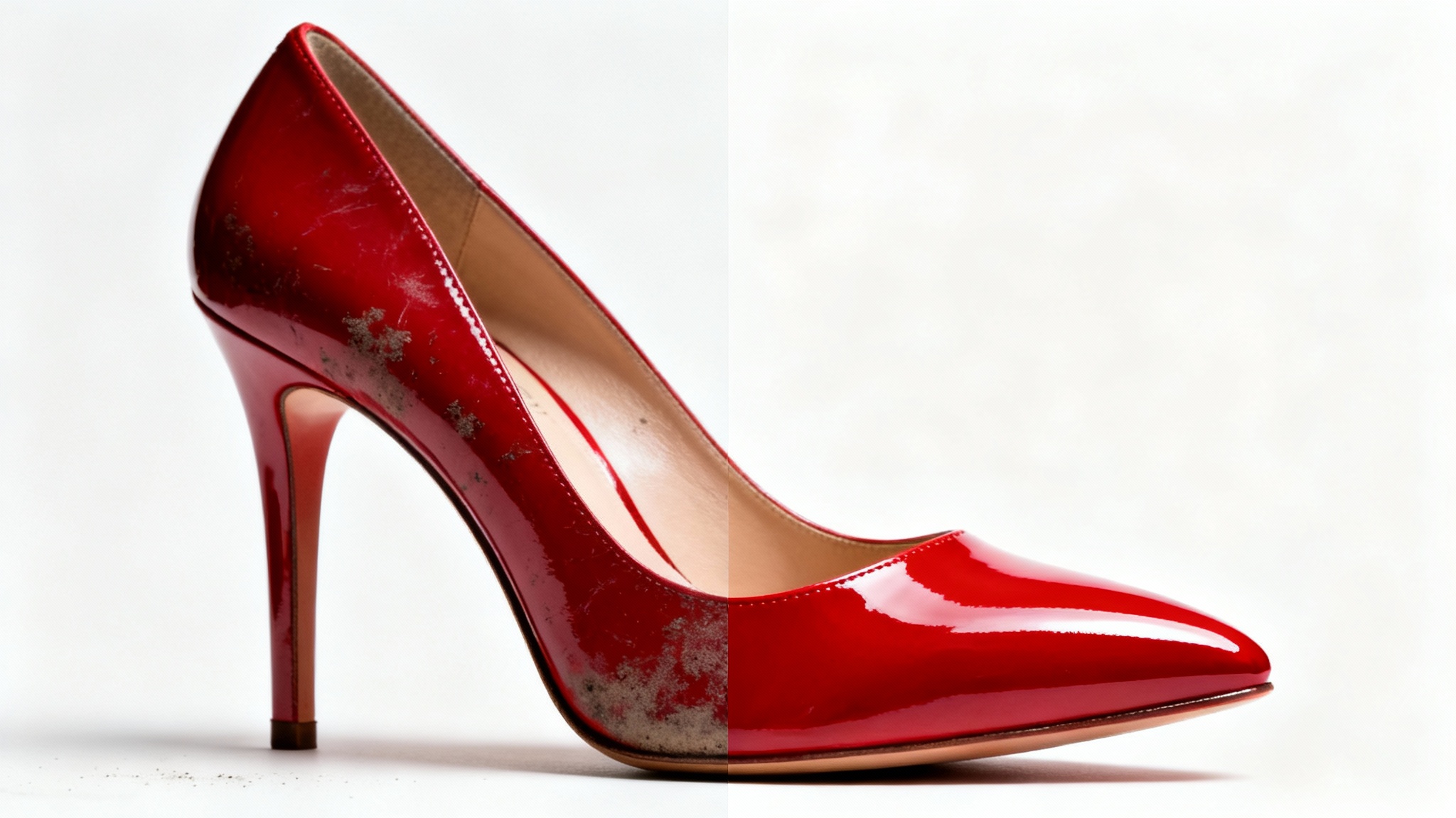 A conceptual image demonstrating product retouching, showing a single red high-heel shoe split in two halves. The left side is scuffed and dusty, while the right side is perfectly clean, glossy, and vibrant.