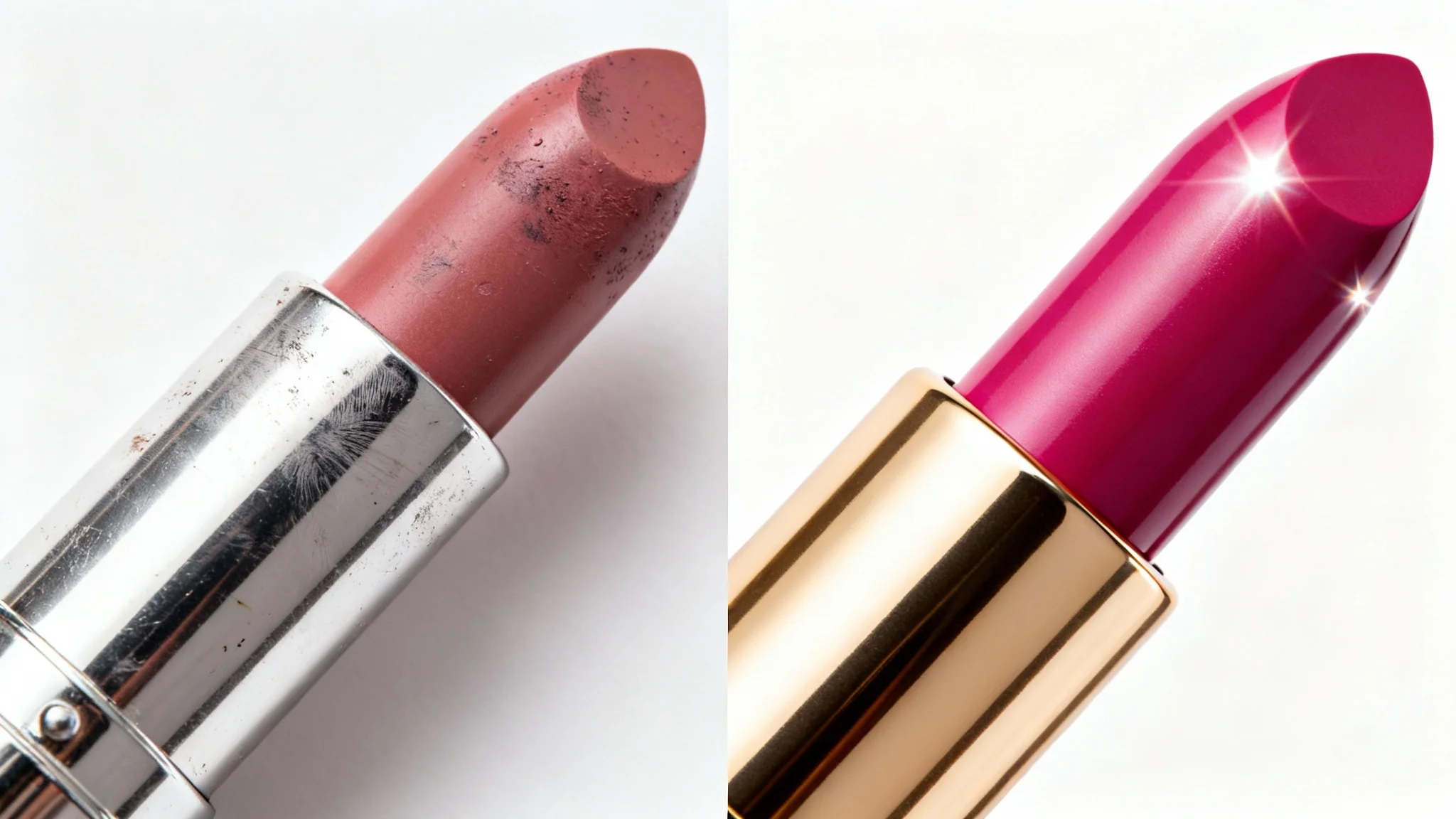 A split-screen comparison showing a luxury lipstick before and after product retouching. The left side shows the lipstick with fingerprints and smudges, while the right side shows the same lipstick looking clean, polished, and perfect.