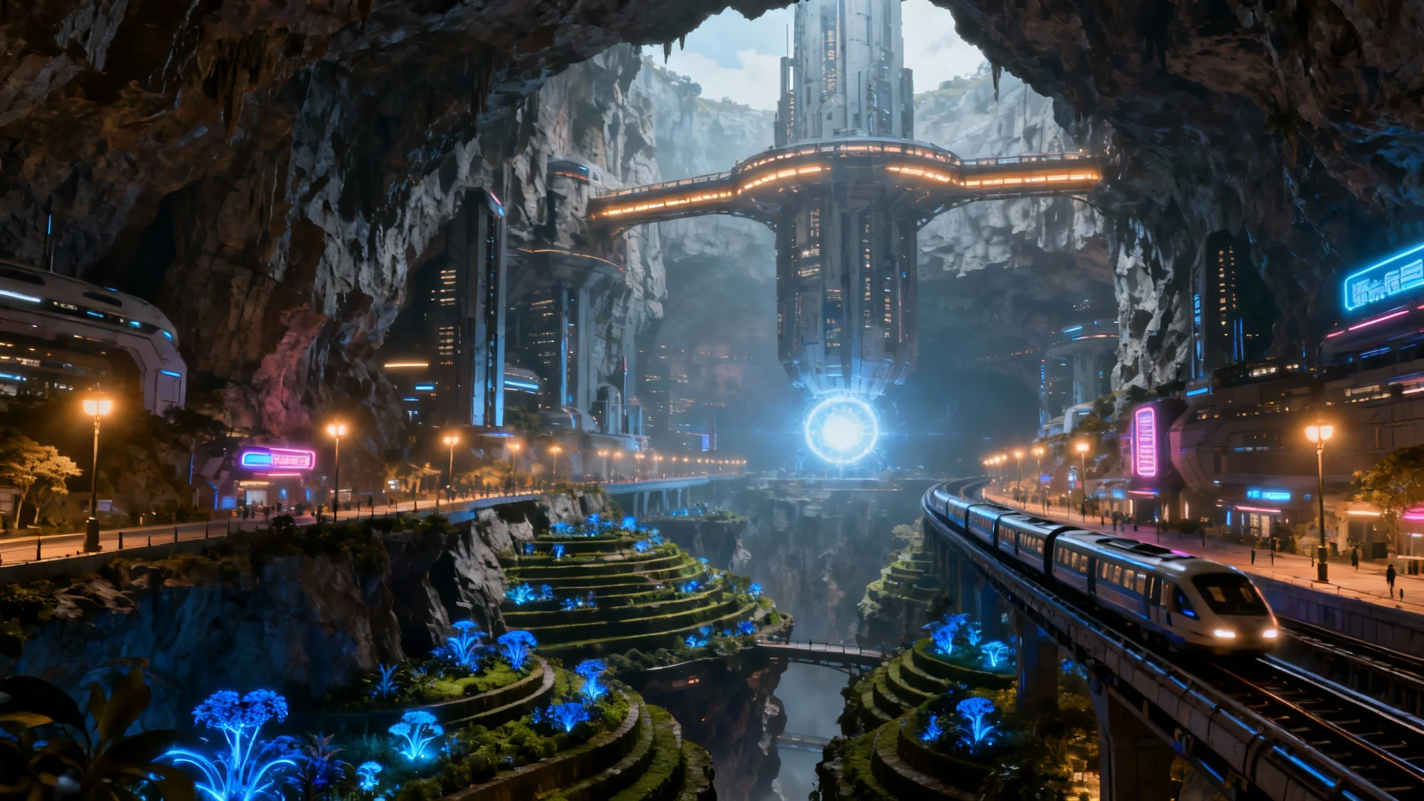 A stunning, wide-angle view of a massive, futuristic underground city, with glowing buildings carved into a cavern and bridges connecting them.