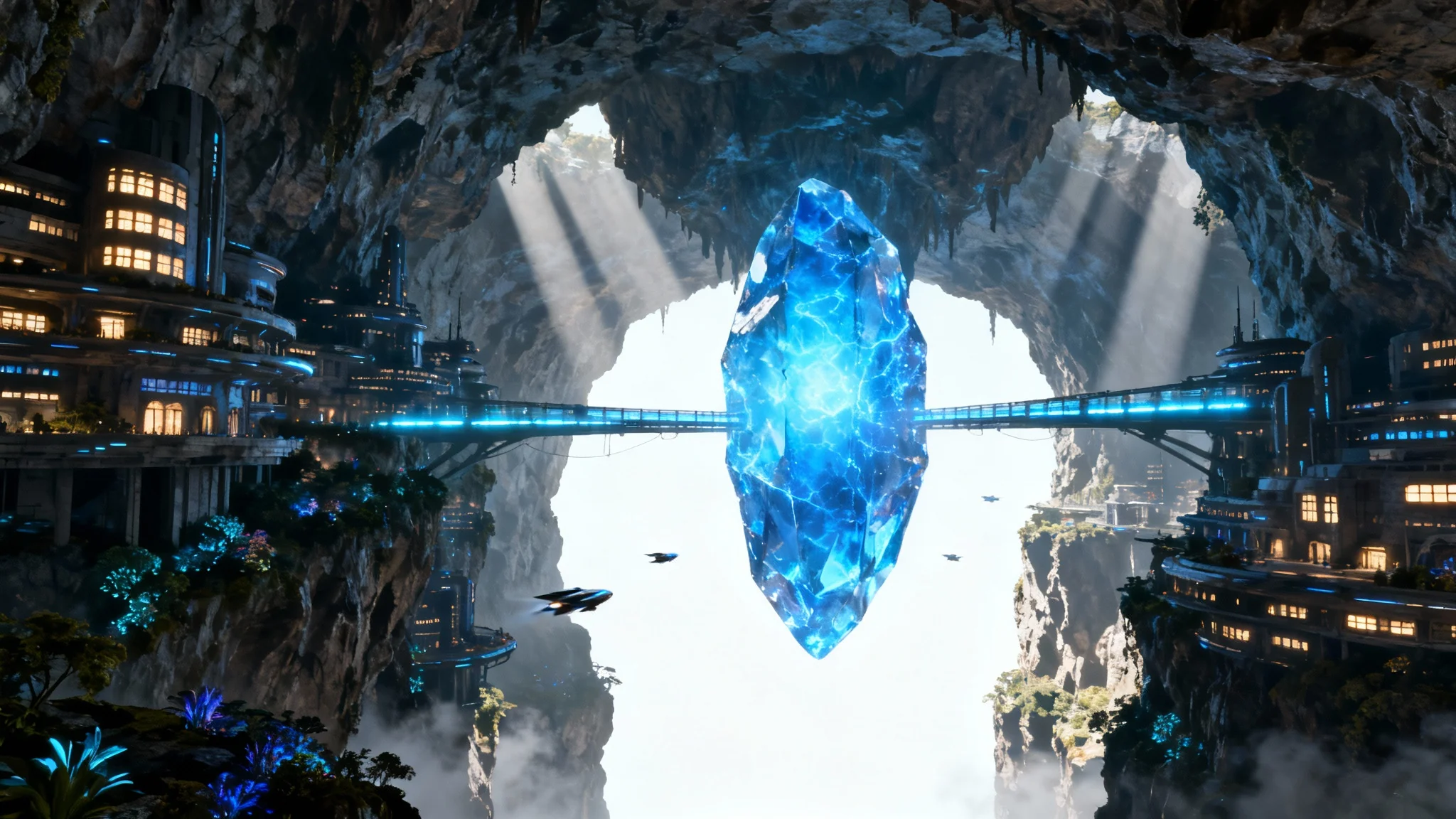 A breathtaking, wide-angle view of a futuristic city built deep underground inside a massive cavern, illuminated by a central blue crystal and the warm lights from its towering buildings.