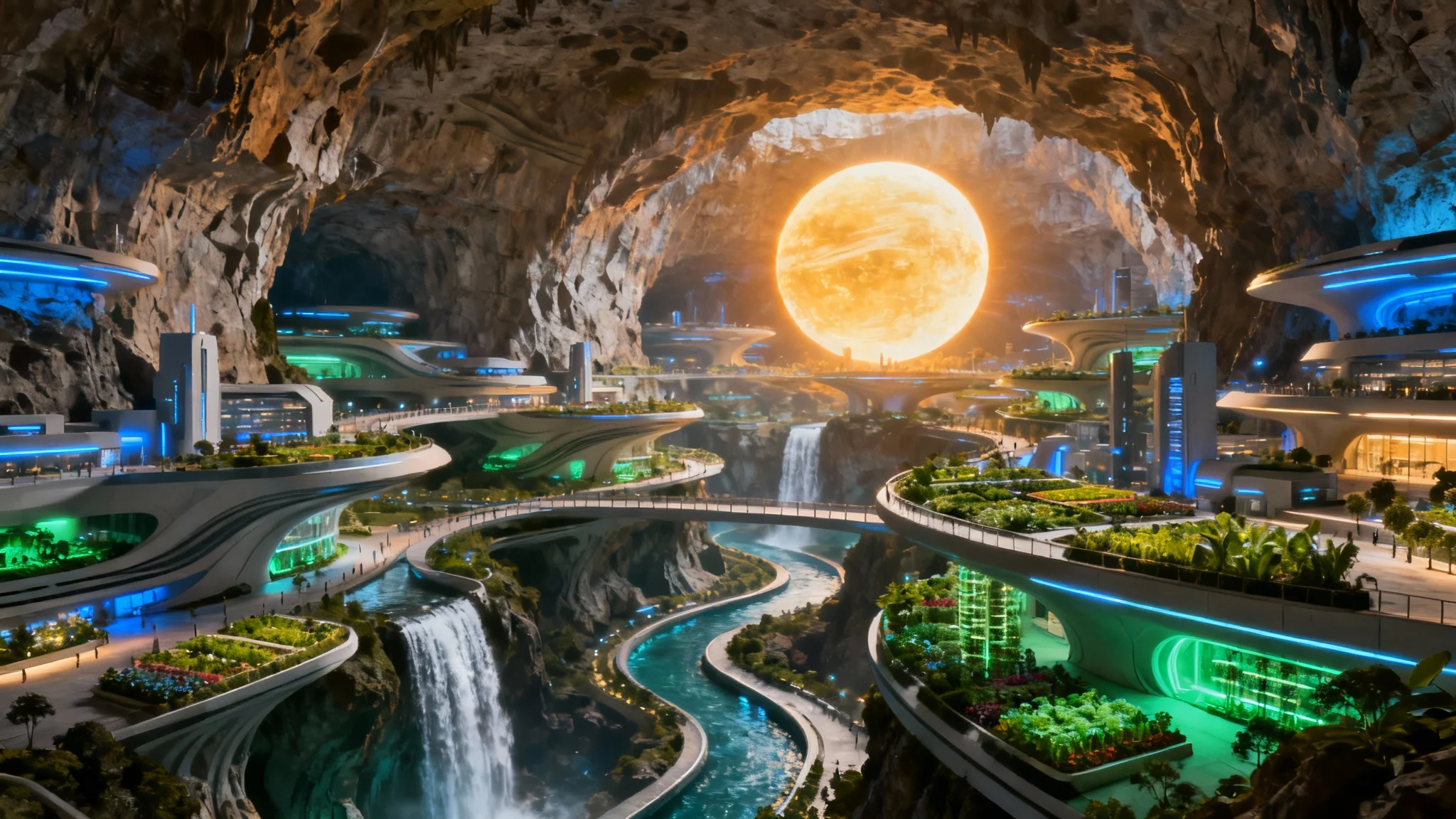 A concept art mockup of a vast and brightly lit futuristic underground city, showcasing multi-level architecture, an artificial sun, and integrated nature from a high-angle view.