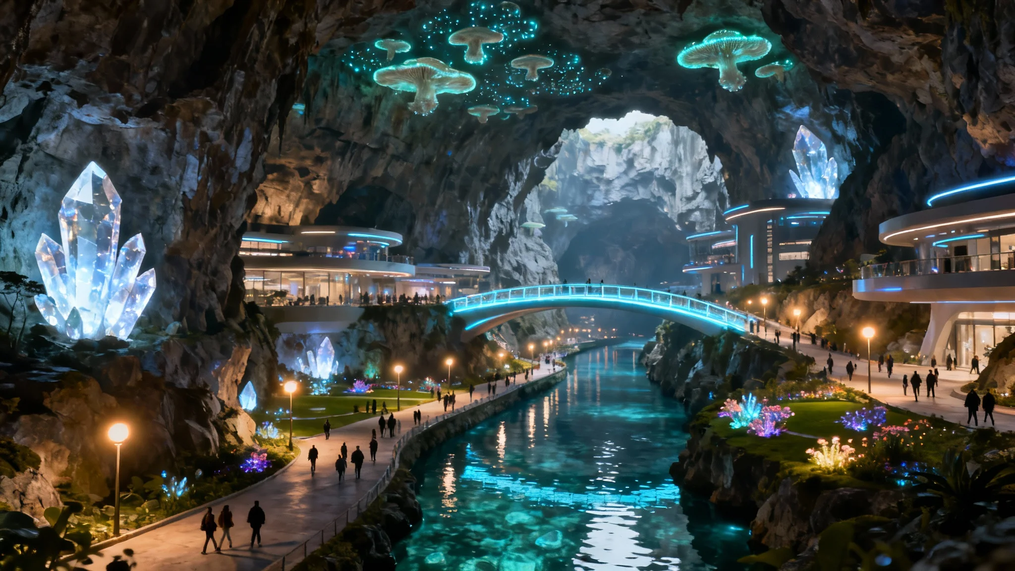 A stunning, wide-angle view of a vibrant and futuristic underground city built inside a massive cavern, illuminated by glowing crystals and futuristic lights.