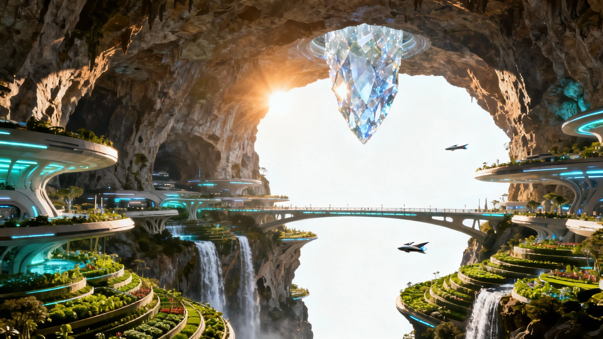 A photorealistic depiction of a vast, multi-level underground city built inside a giant cavern, illuminated by a massive central crystal and featuring waterfalls and flying vehicles.