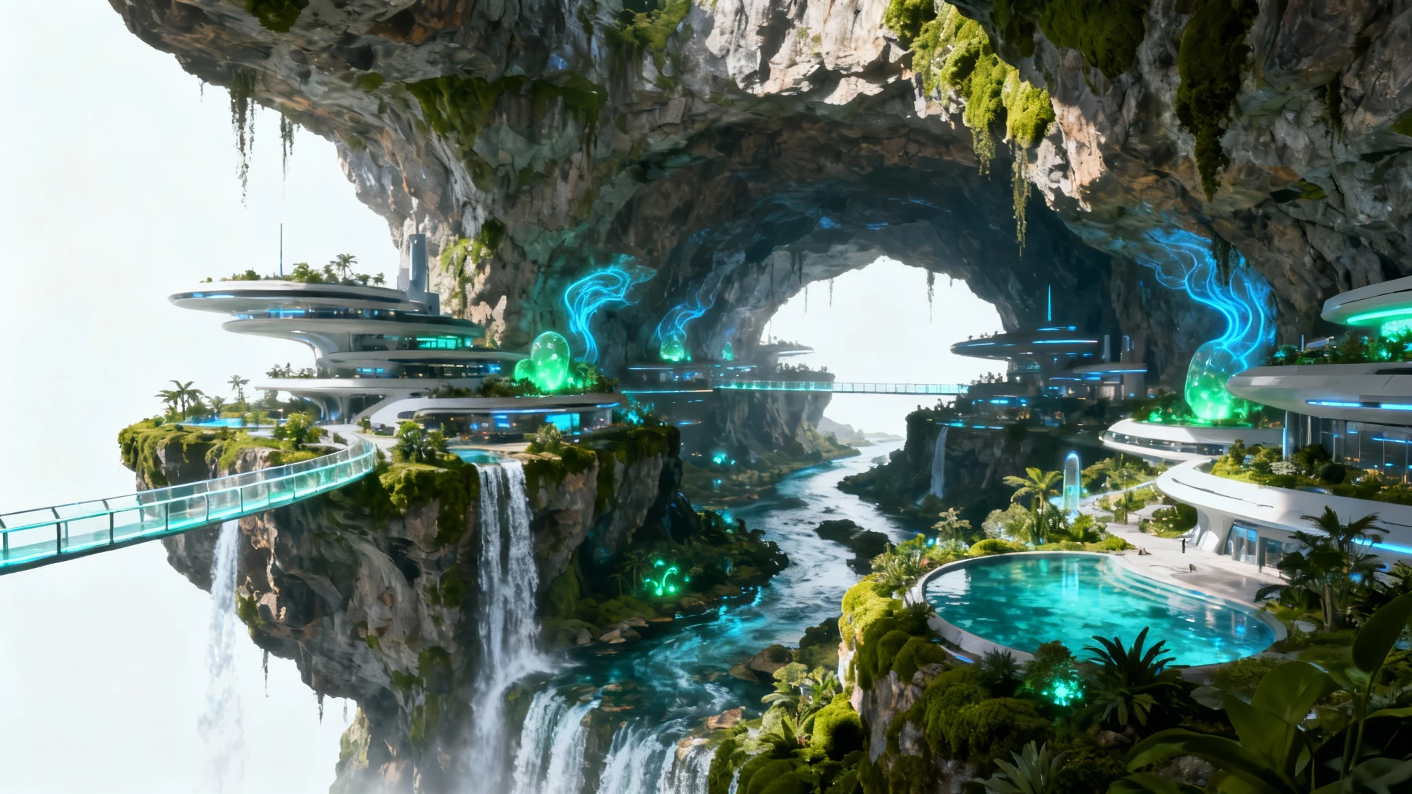 A concept art mockup of a futuristic, bioluminescent underground city built inside a giant cavern, shown against a plain white background.