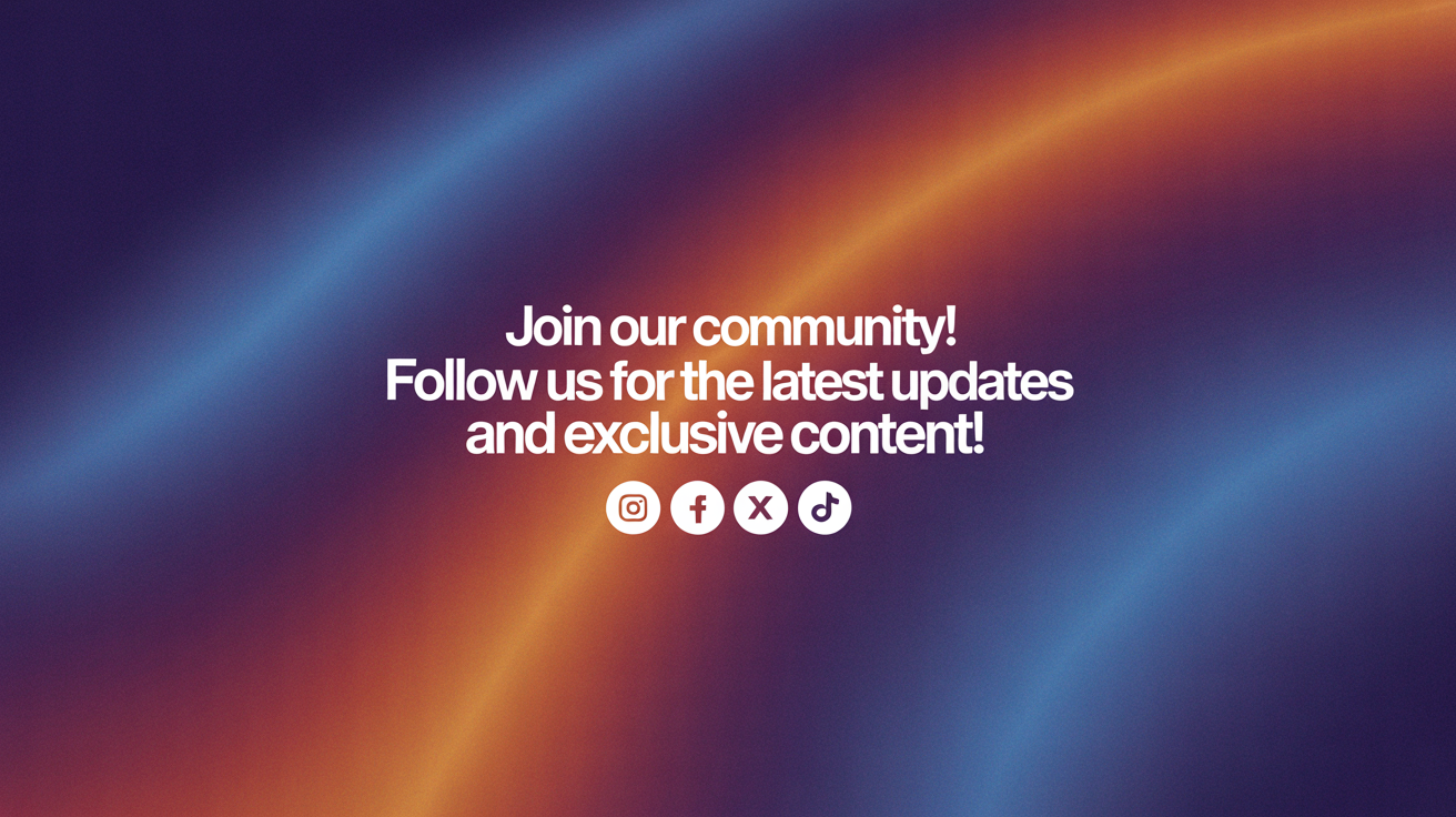 A professionally designed 'Follow Us' banner with a blue and purple gradient background. It features the text 'Join our community! Follow us for the latest updates and exclusive content! 🚀✨' in bold white font, with minimalist social media icons below.