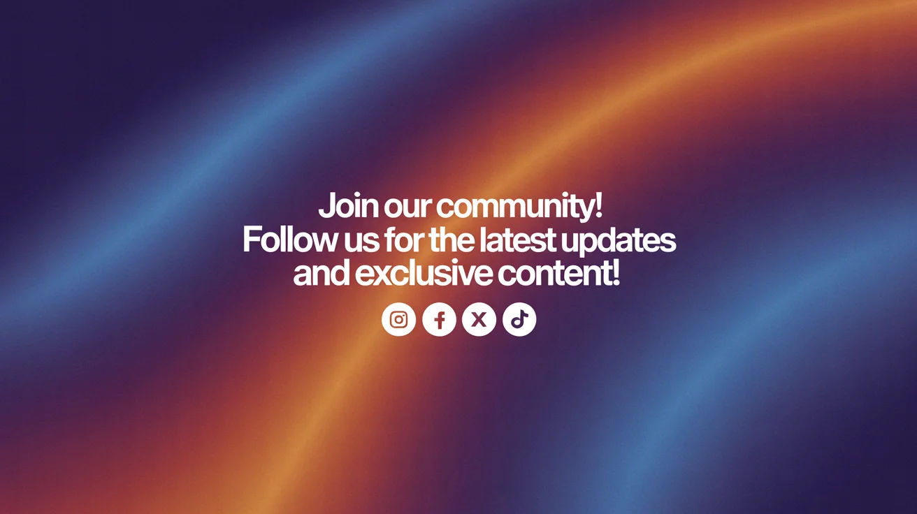 A professionally designed 'Follow Us' banner with a blue and purple gradient background. It features the text 'Join our community! Follow us for the latest updates and exclusive content! 🚀✨' in bold white font, with minimalist social media icons below.