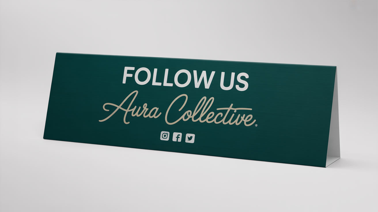 A mockup of a chic, dark teal 'Follow Us' banner for the brand 'Aura Collective', featuring social media icons and displayed on a white background.