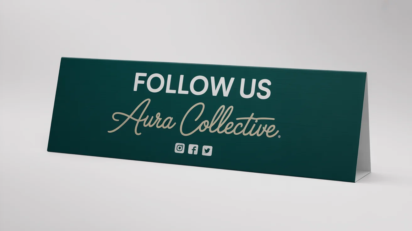 A mockup of a chic, dark teal 'Follow Us' banner for the brand 'Aura Collective', featuring social media icons and displayed on a white background.