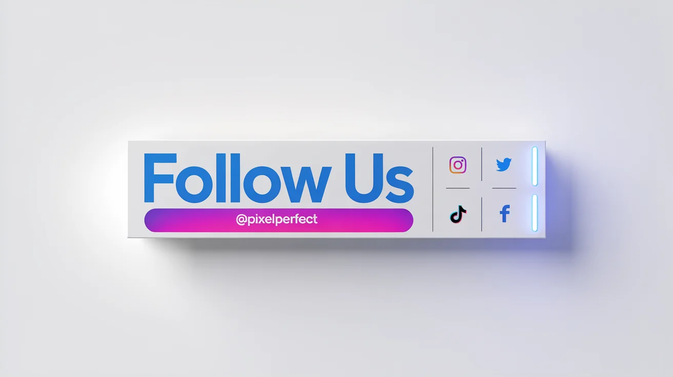 A modern 'Follow Us' social media banner mockup with the handle '@PixelPerfect' and icons for Instagram, Twitter, Facebook, and TikTok, set against a white background.