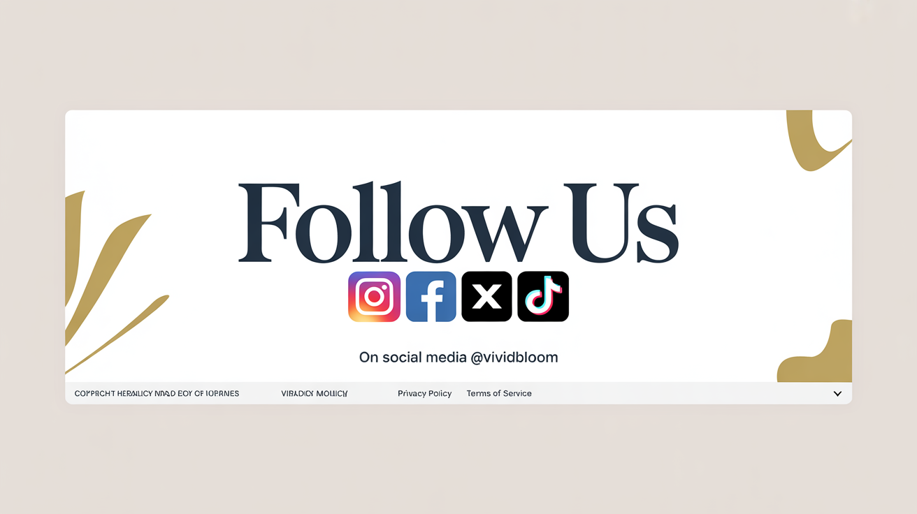 A modern 'Follow Us' banner mockup for a brand named 'VividBloom', featuring social media icons for Instagram, Facebook, X, and TikTok, all set against a plain white background.