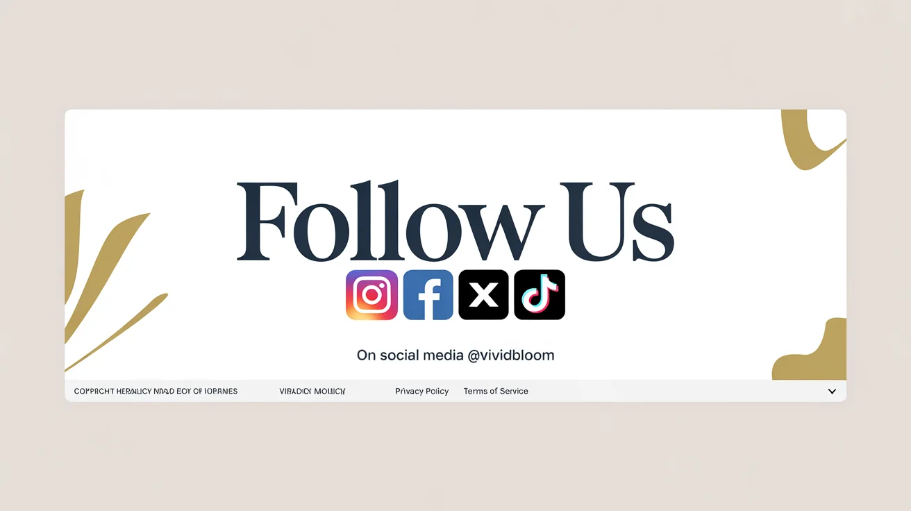 A modern 'Follow Us' banner mockup for a brand named 'VividBloom', featuring social media icons for Instagram, Facebook, X, and TikTok, all set against a plain white background.