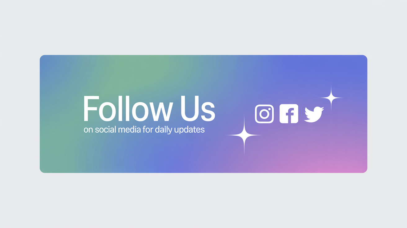 A modern 'Follow Us' banner mockup with a teal and purple gradient, white text, and social media icons, displayed on a white background.