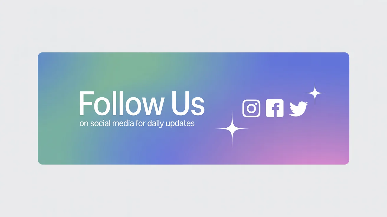 A modern 'Follow Us' banner mockup with a teal and purple gradient, white text, and social media icons, displayed on a white background.