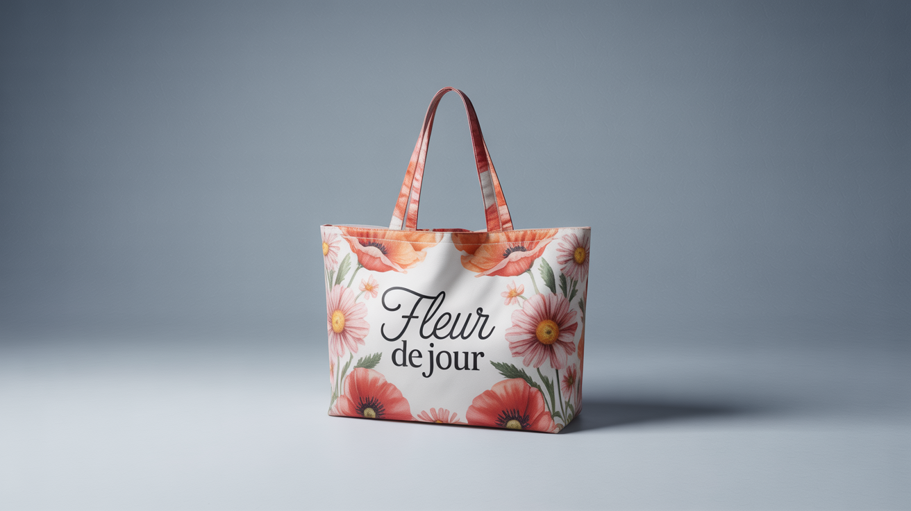 A professional product shot of a canvas tote bag with a vibrant watercolor floral design and the text 'Fleur de Jour', set against a clean, minimalist background.