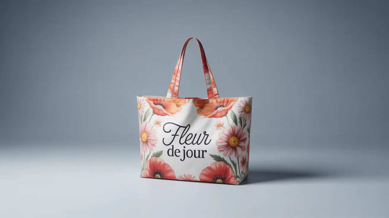 A professional product shot of a canvas tote bag with a vibrant watercolor floral design and the text 'Fleur de Jour', set against a clean, minimalist background.