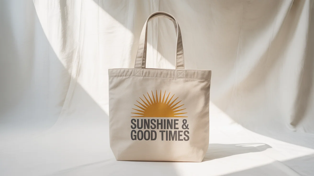 A professional product mockup of a beige canvas tote bag on a white background, featuring a yellow sunburst graphic and the text 'Sunshine & Good Times'.