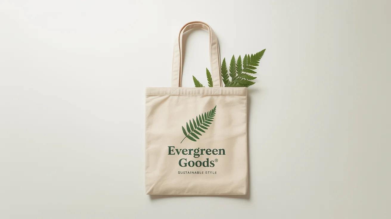 A natural canvas tote bag with a green fern design and the words 'Evergreen Goods' and 'Sustainable Style' printed on it, displayed on a clean white background.