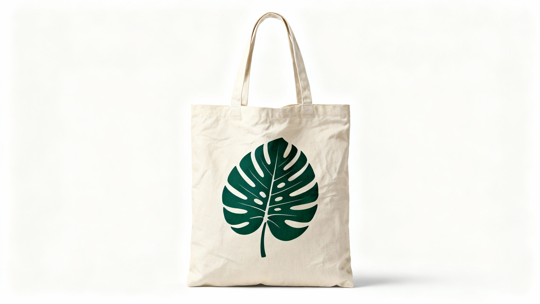 A realistic mockup of a natural canvas tote bag with a minimalist green monstera leaf design, set against a clean white background.