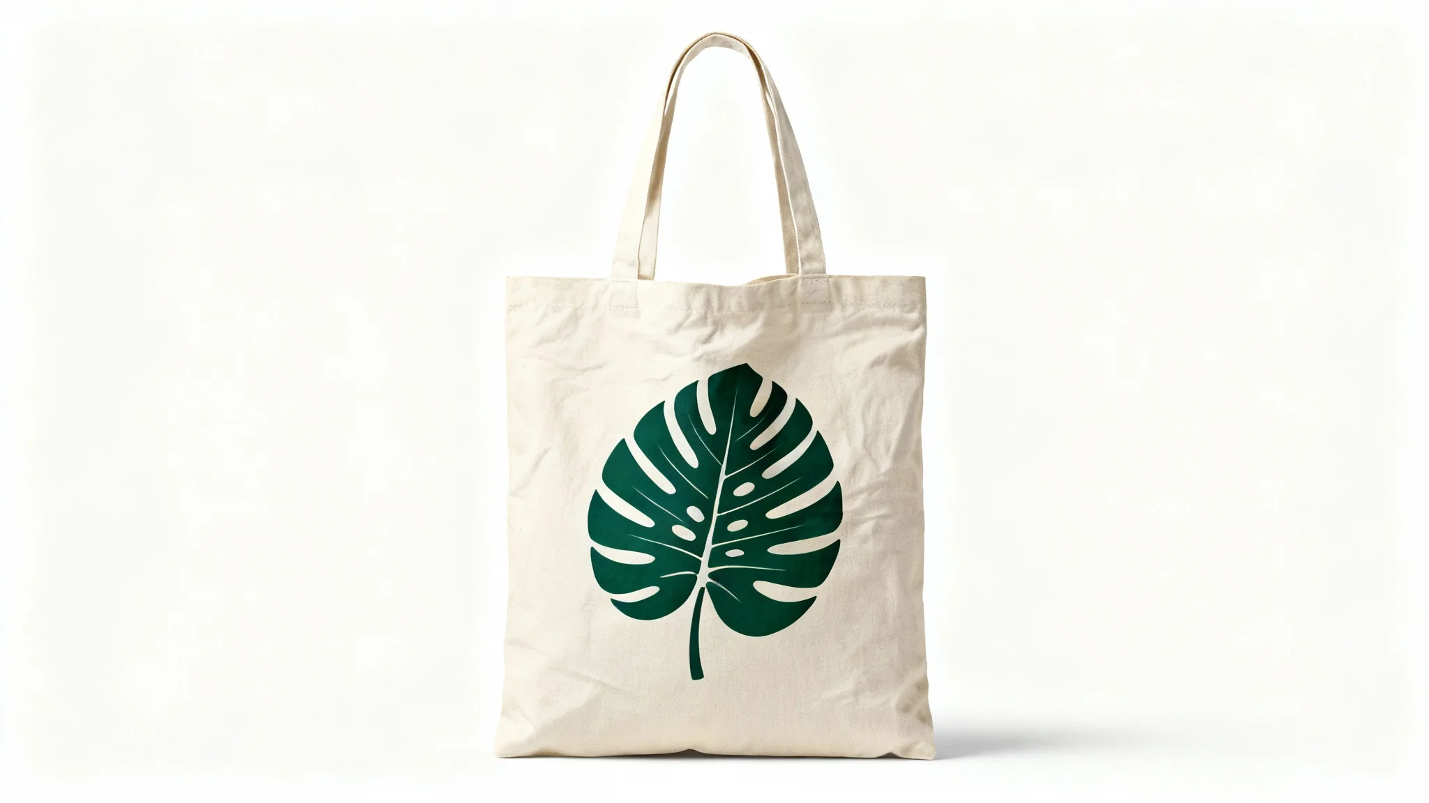 A realistic mockup of a natural canvas tote bag with a minimalist green monstera leaf design, set against a clean white background.