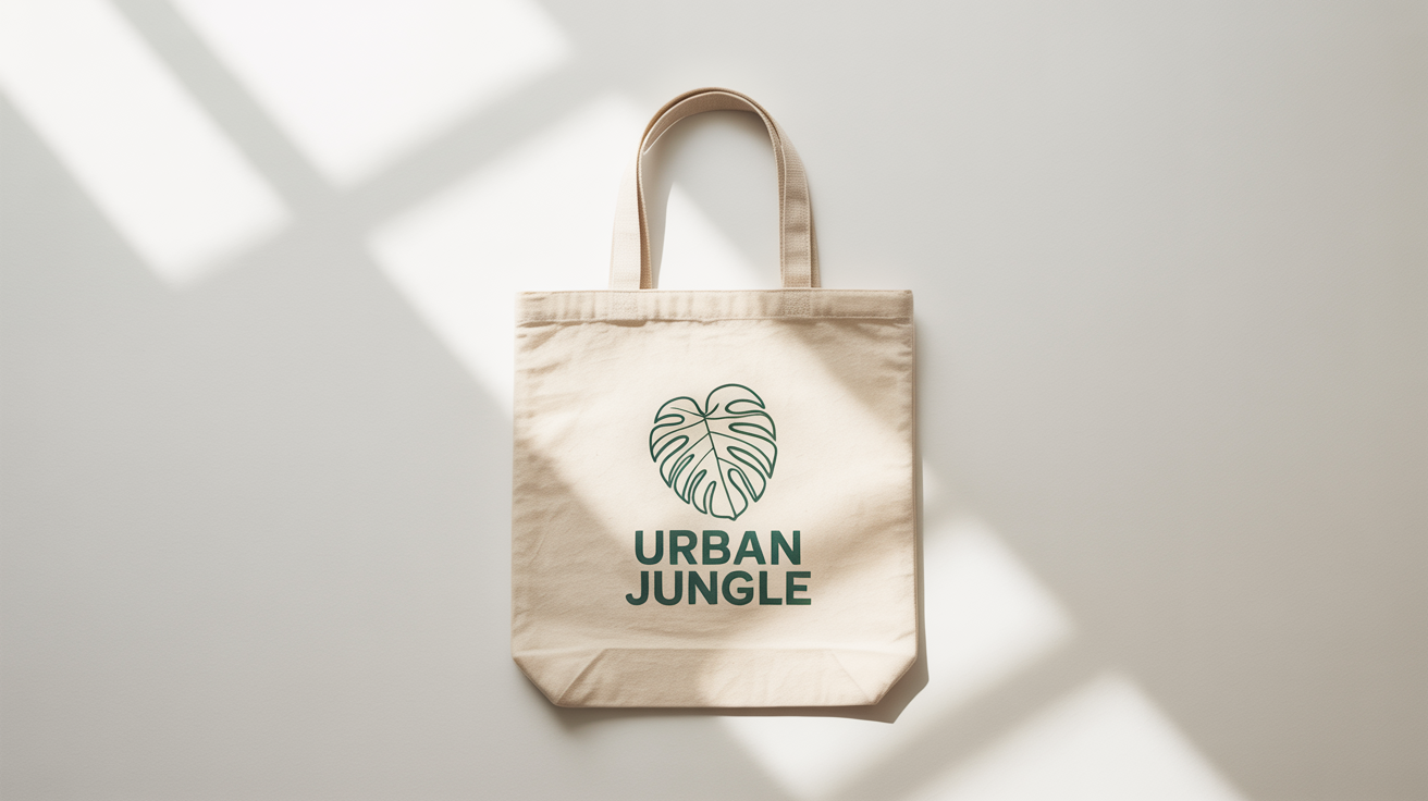 A product mockup of a cream-colored canvas tote bag with a minimalist green monstera leaf design and the text 'URBAN JUNGLE', shown flat on a white background.