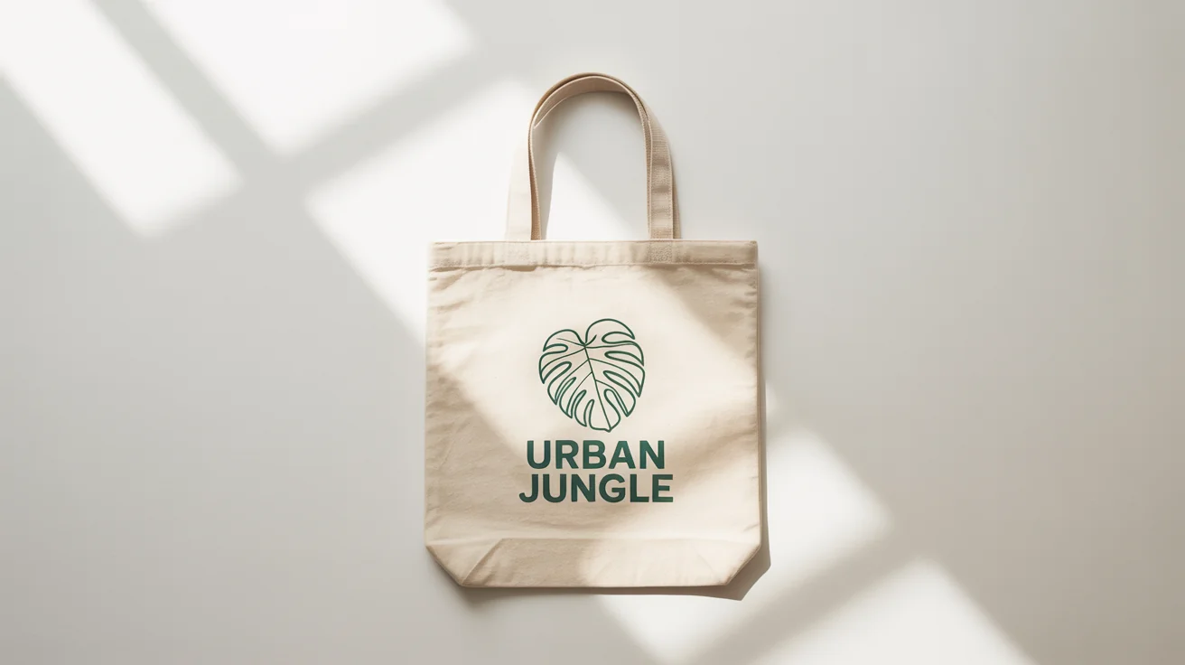 A product mockup of a cream-colored canvas tote bag with a minimalist green monstera leaf design and the text 'URBAN JUNGLE', shown flat on a white background.