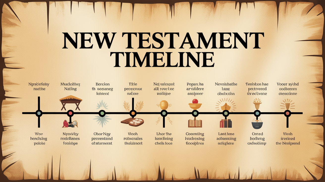 A professionally designed infographic timeline of the New Testament set against a parchment background. The title 'NEW TESTAMENT TIMELINE' is at the top, and a horizontal line below features colorful icons and labels for key historical events.