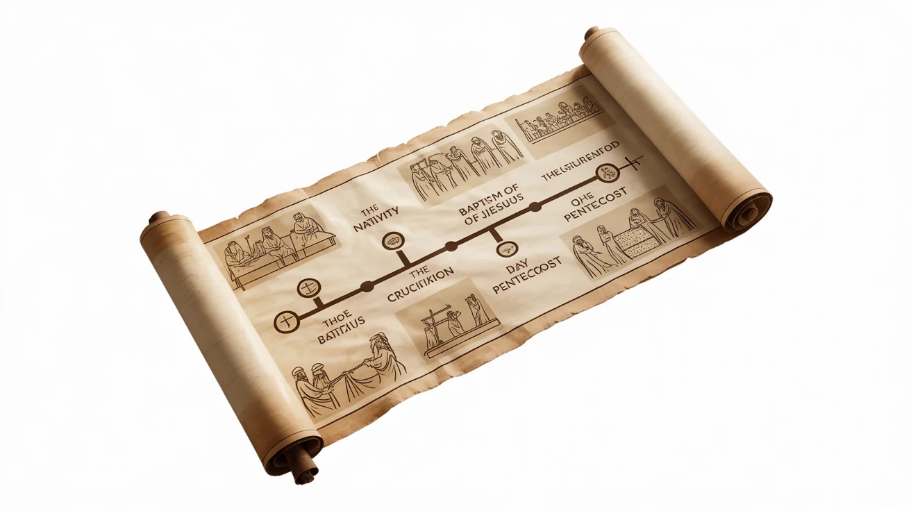 A mockup of a New Testament timeline on an unrolled ancient papyrus scroll, showing key events with text and icons, set against a plain white background.
