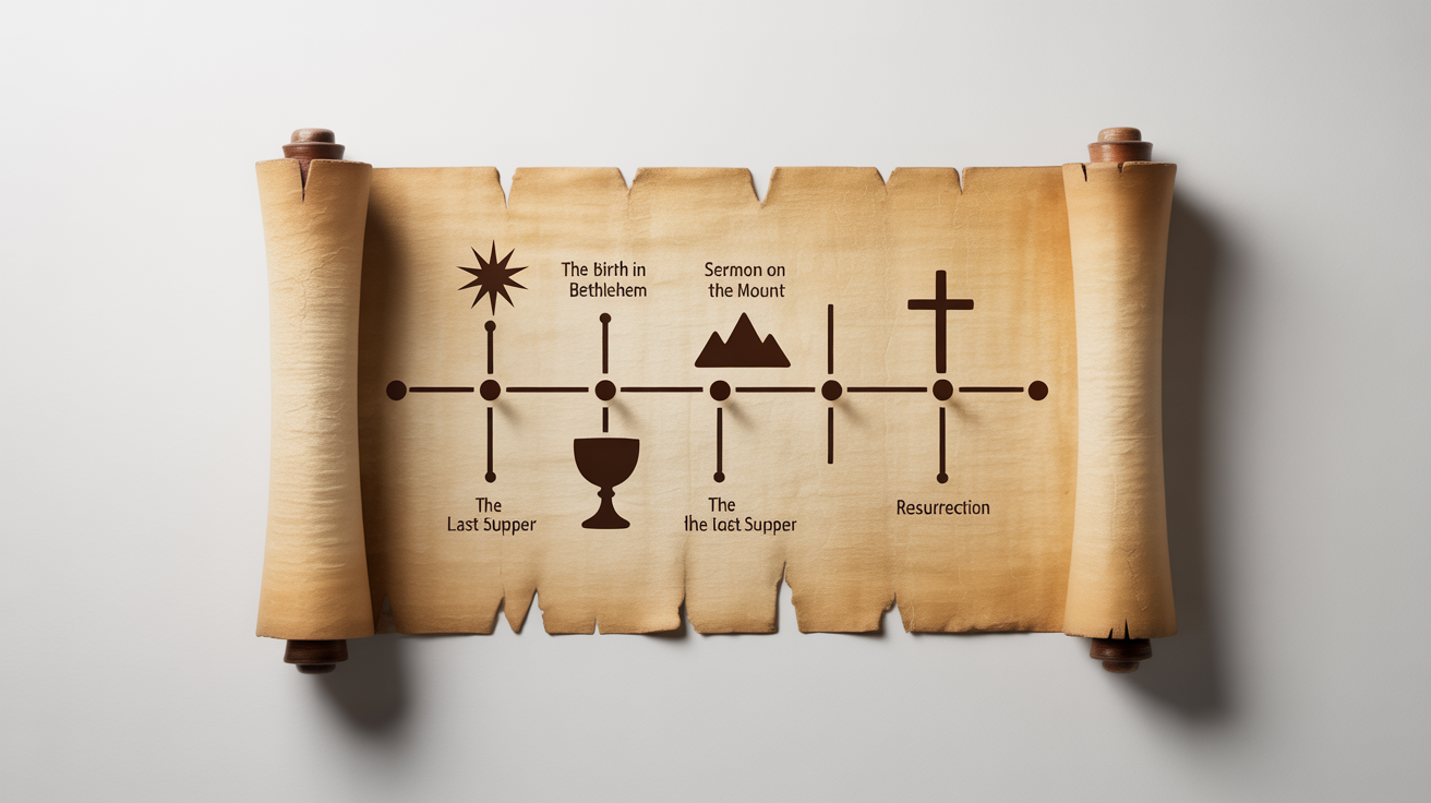 A mockup of a timeline of the New Testament presented on an ancient papyrus scroll, featuring key events and icons against a clean white background.