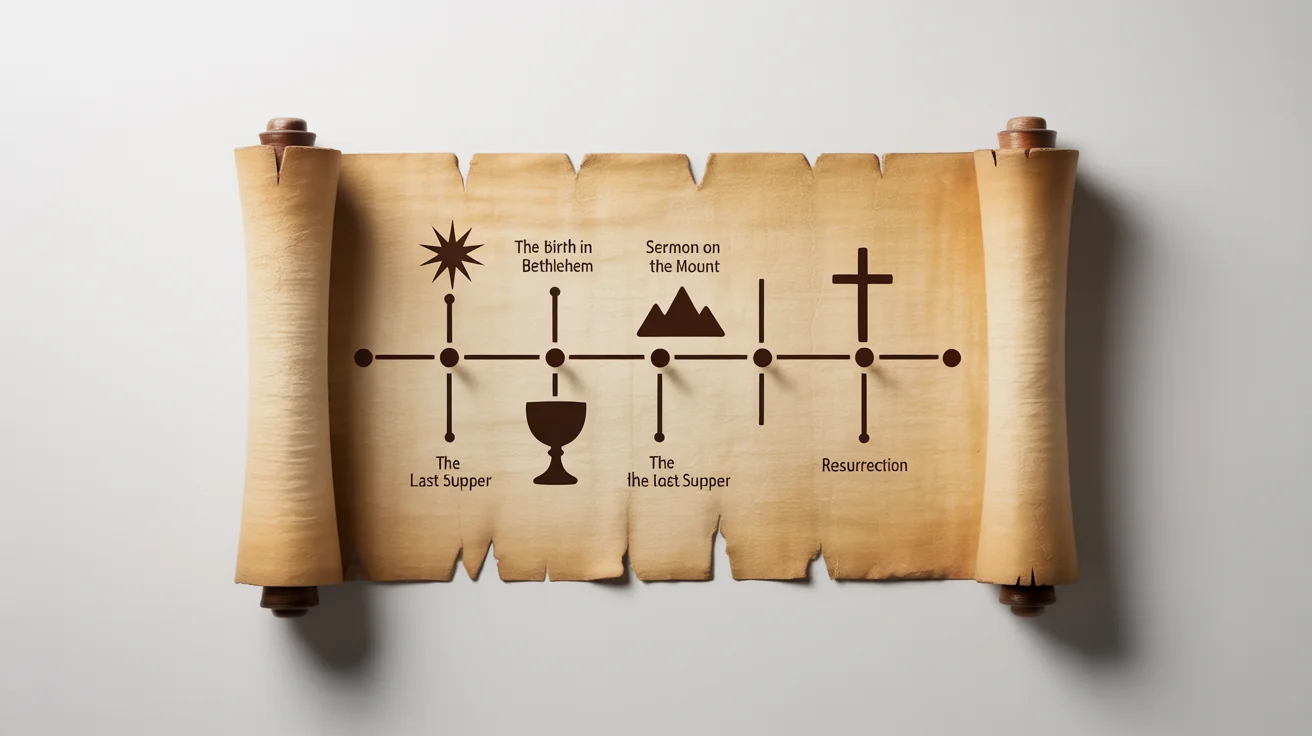 A mockup of a timeline of the New Testament presented on an ancient papyrus scroll, featuring key events and icons against a clean white background.