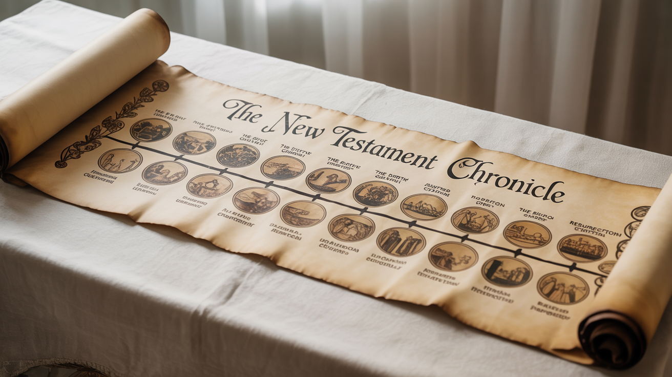 An overhead view of an ancient parchment scroll detailing a timeline of the New Testament, with hand-drawn icons and calligraphic text on a white background.