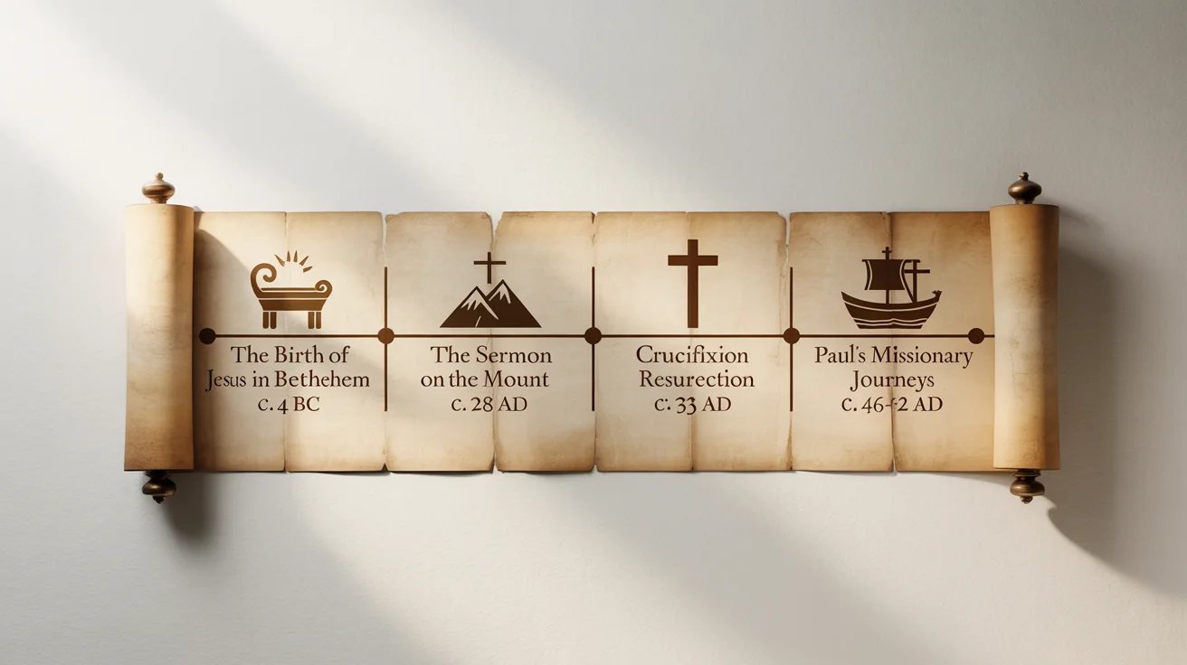 A photorealistic mockup of a New Testament timeline printed on an ancient papyrus scroll, laid flat on a clean white background. The timeline features elegant typography and icons for key events.