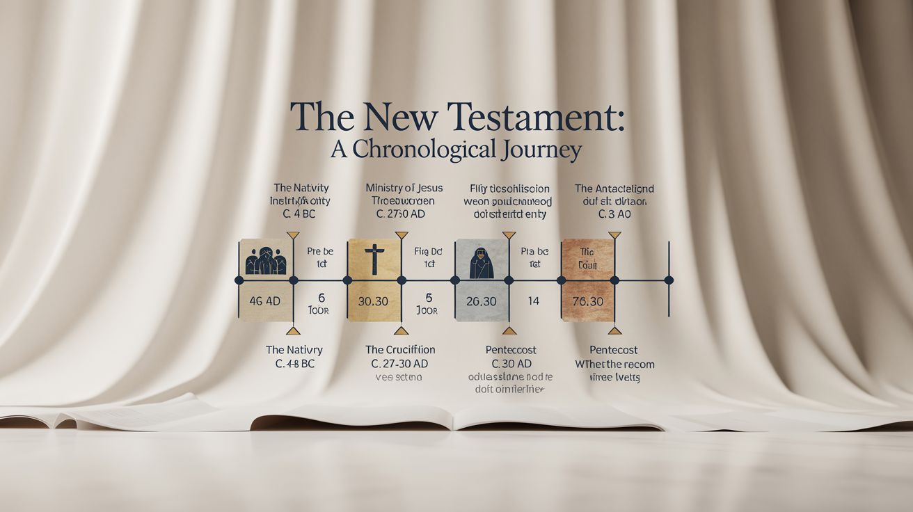 A mockup of a timeline chart detailing events of the New Testament, titled 'The New Testament: A Chronological Journey,' displayed on a white background.