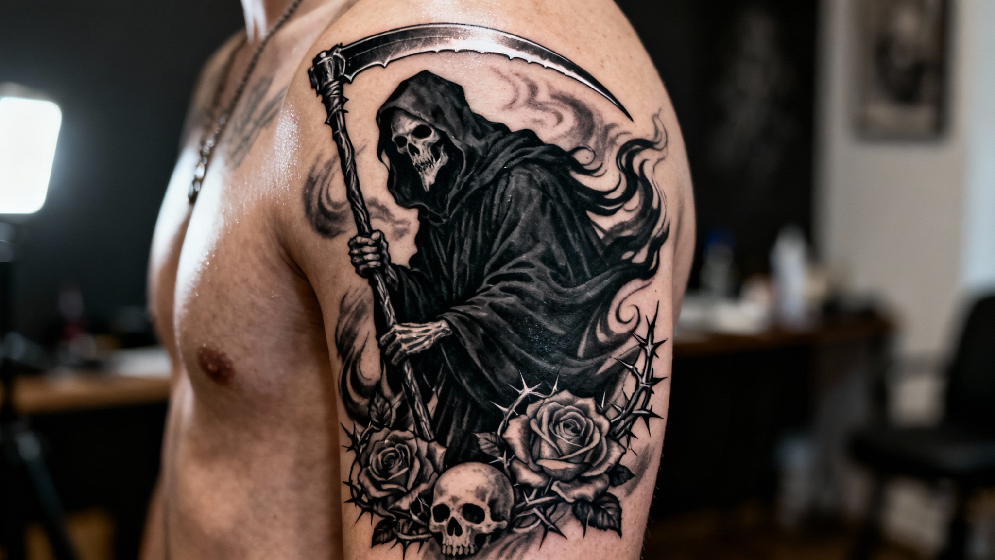 A photorealistic close-up of a completed grim reaper tattoo on a person's arm. The intricate black and grey tattoo shows the Grim Reaper holding a scythe, surrounded by roses and skulls, demonstrating a final tattoo design.