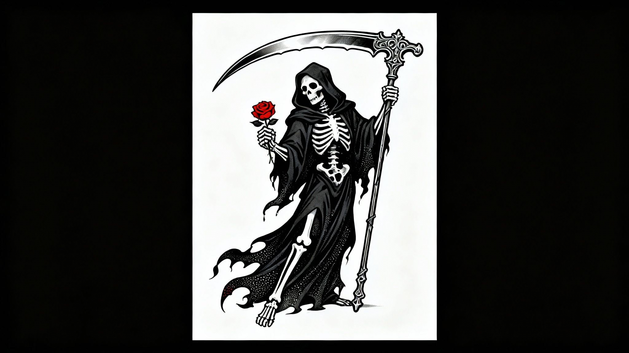 A neo-traditional tattoo design of the Grim Reaper holding an ornate scythe and a crimson rose, displayed as a flash sheet mockup against a plain white background.
