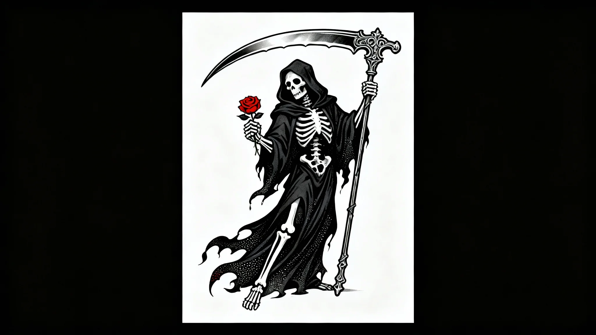 A neo-traditional tattoo design of the Grim Reaper holding an ornate scythe and a crimson rose, displayed as a flash sheet mockup against a plain white background.
