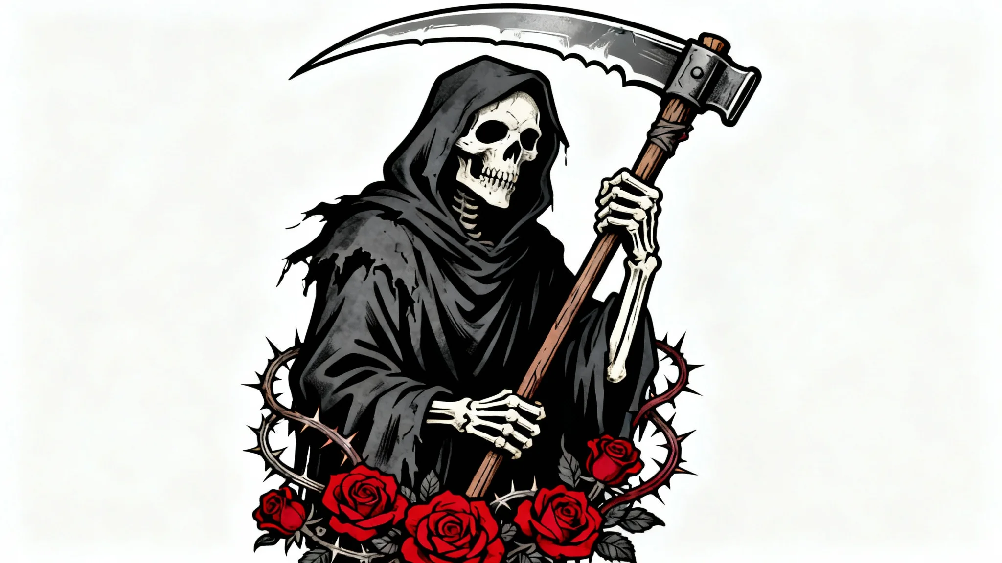 A neo-traditional tattoo design of the Grim Reaper holding a scythe, with red roses entwined around it, presented on a clean white background.