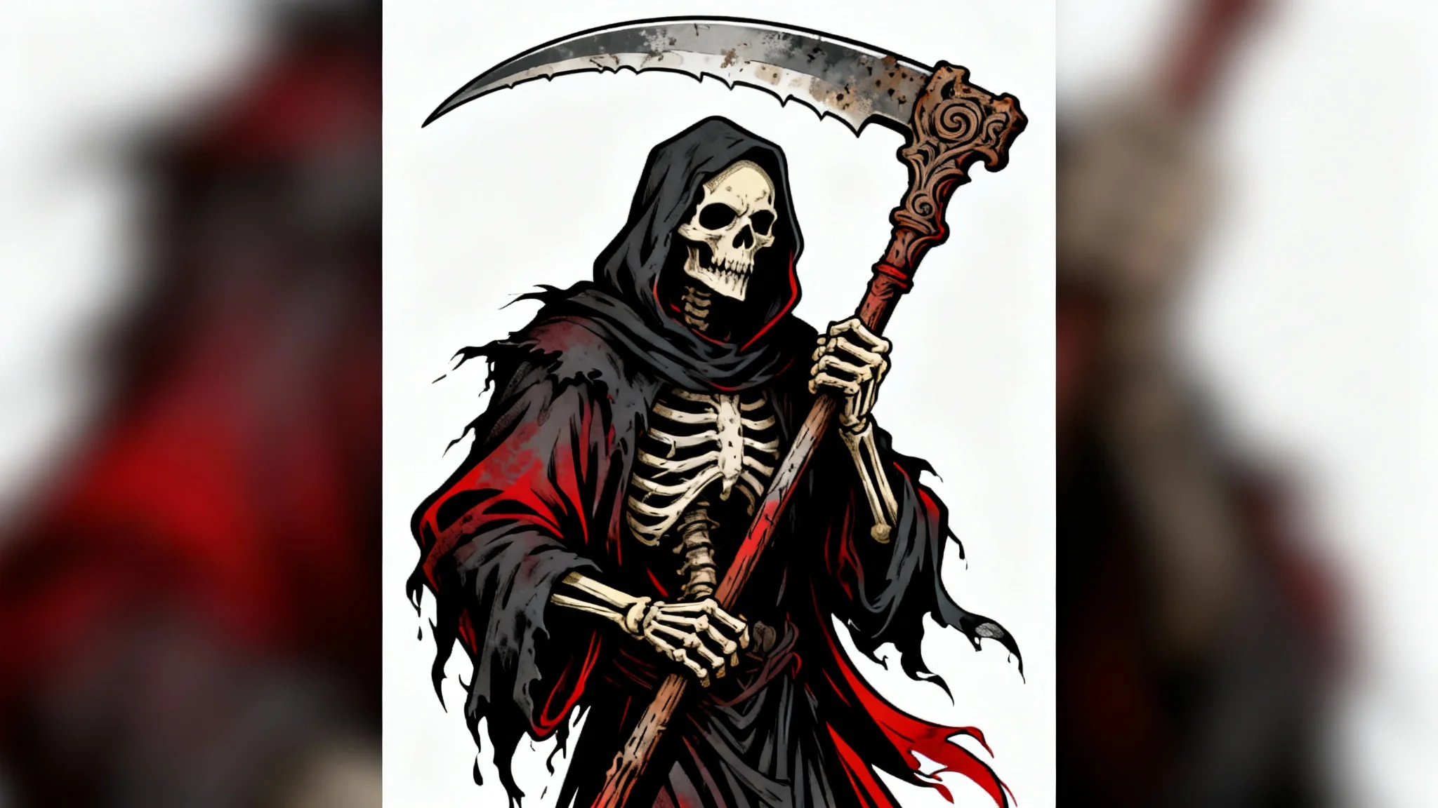 A neo-traditional tattoo design of the Grim Reaper holding a large scythe, presented on a clean white background as a design mockup.
